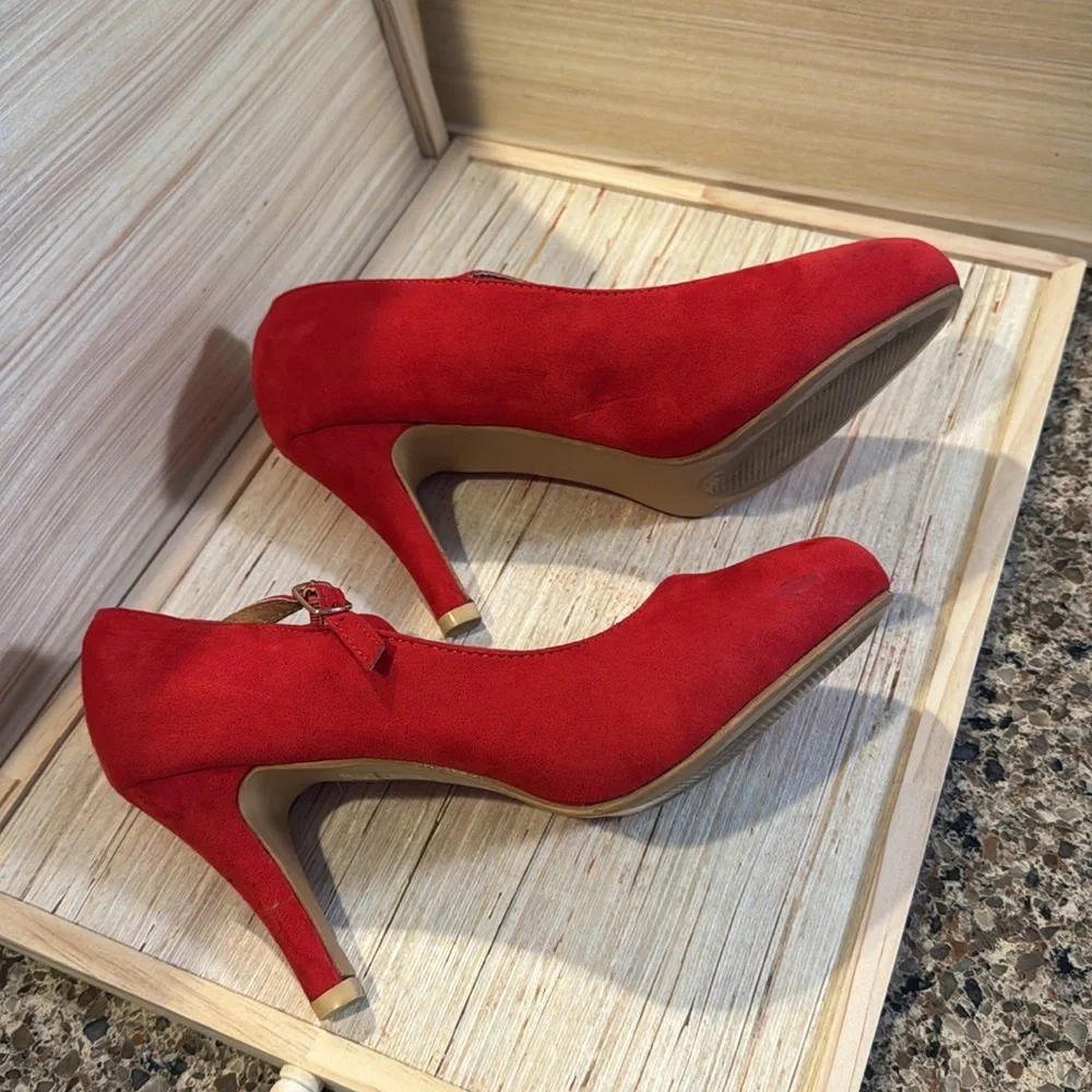 Suede Red Mary Jane Heels - Picture 4 of 15